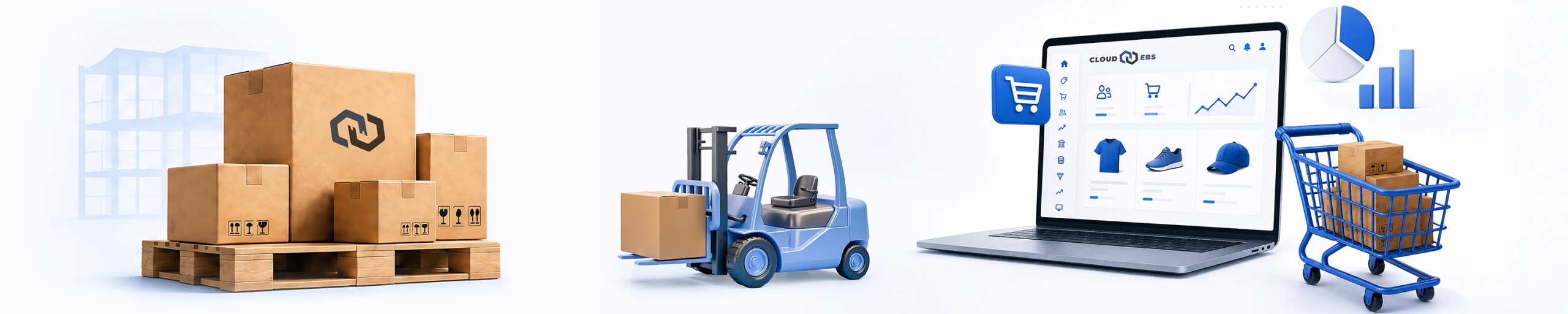 O ilustrație 3D reprezentând un flux logistic și de e-commerce. În stânga se află cutii de carton stivuite pe un palet de lemn; în centru, un stivuitor albastru manipulează o cutie; în dreapta este deschis un laptop ce afișează o platformă software de gestiune (Cloud EBS) cu produse și statistici, flancat de grafice financiare și de un cărucior de cumpărături albastru plin cu colete mici.”