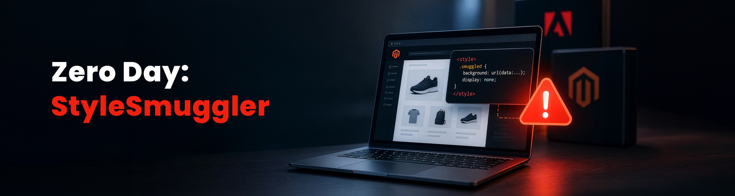 Banner illustrating the StyleSmuggler zero-day vulnerability on Magento, displaying a laptop with an e-commerce store, code snippet, and a warning icon.