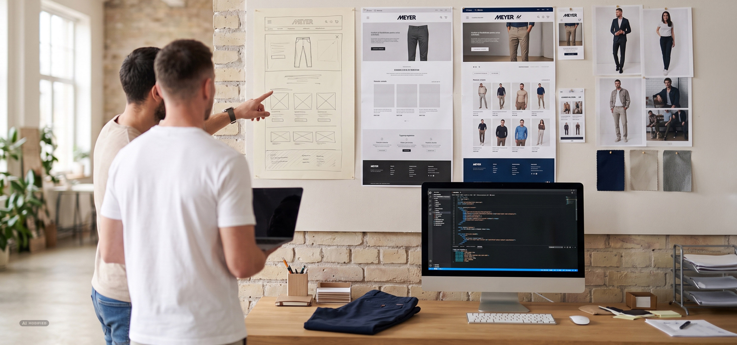 Doi membri ai echipei analizează evoluția redesignului magazinului Meyer Wegener, de la schița în creion la pagina finală, cu codul temei pe monitor
