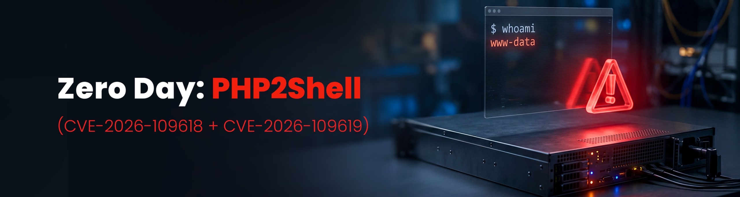 Banner Zero Day PHP2Shell cu un server, un terminal care afișează comanda whoami și un semn de avertizare roșu